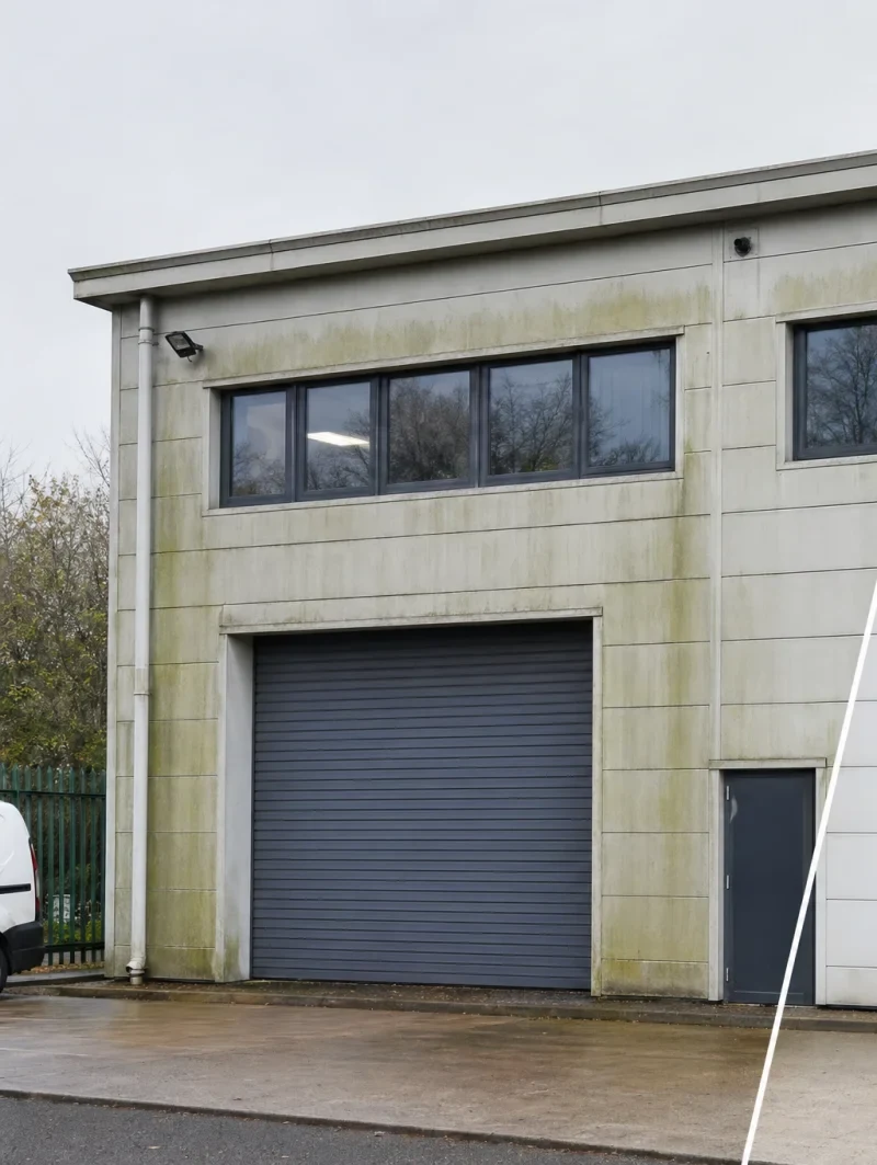 Commercial unit before cleaning — algae-stained cladding