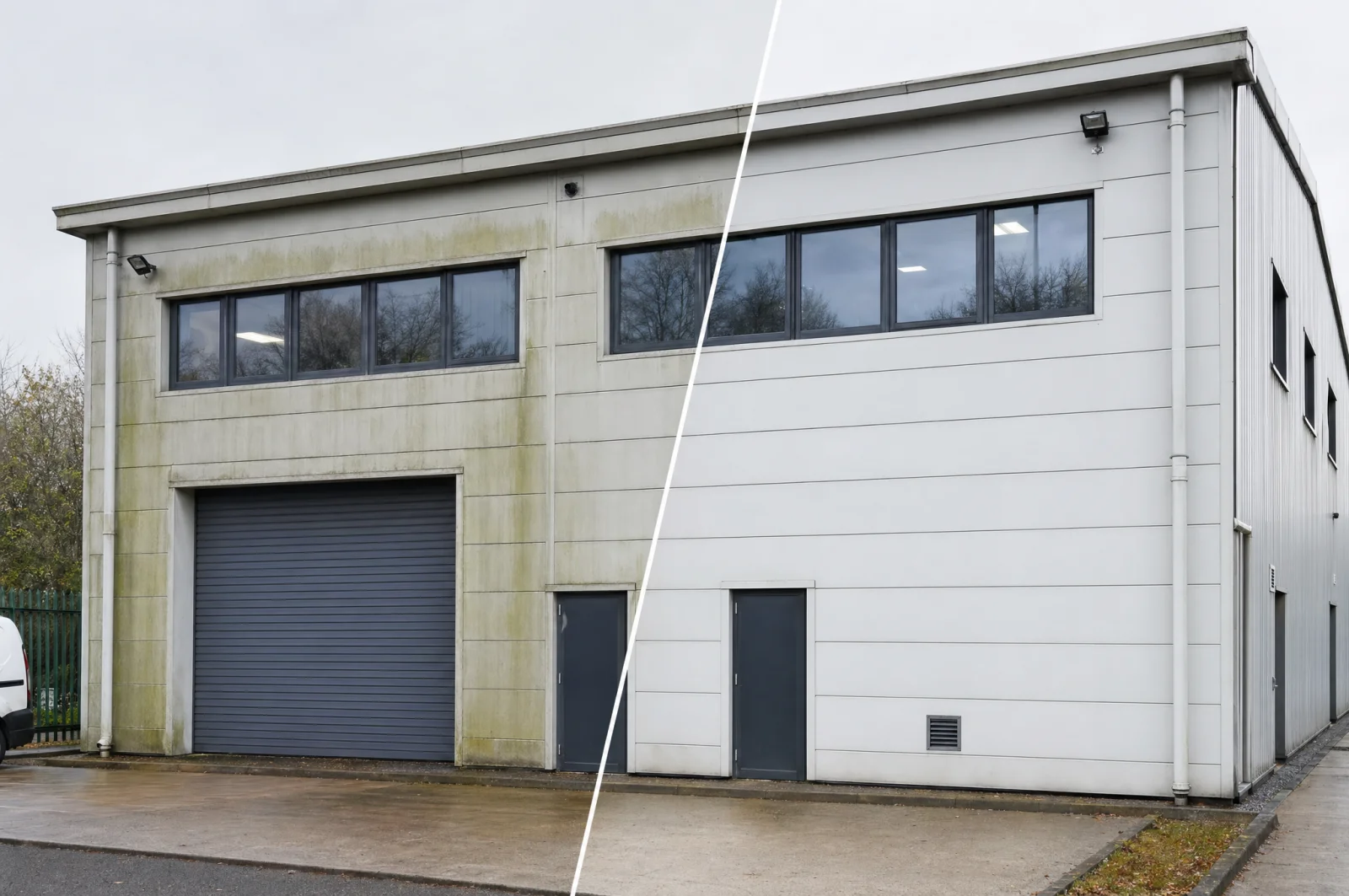 Commercial cleaning — warehouse unit before and after exterior soft-wash