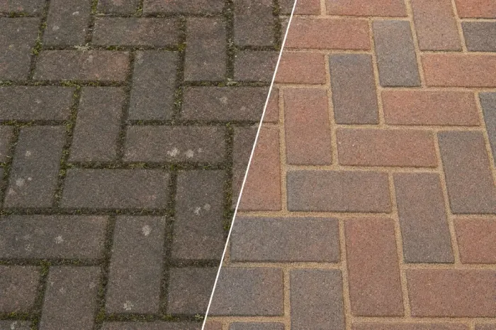 Block-paved driveway before and after — moss-filled joints vs cleaned and re-sanded