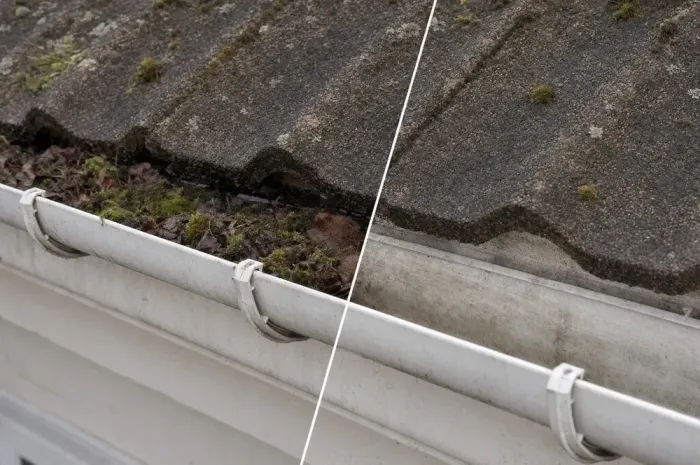 Gutter before and after clearing — blocked with moss and debris vs cleared white plastic guttering