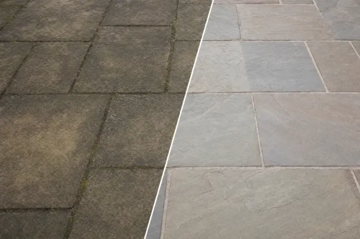 Stone patio before and after cleaning — moss-covered slabs vs cleaned Indian sandstone