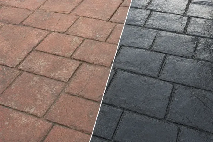 Imprinted concrete before and after re-colouring — faded brown vs freshly tinted slate