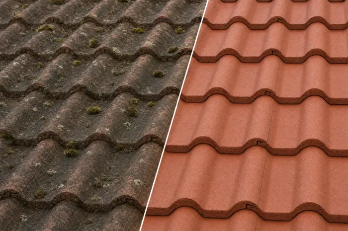 Roof tiles before and after cleaning — heavy moss vs fresh orange tiles