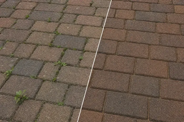Block paving before and after sealing — weeds in joints vs cleaned and sealed