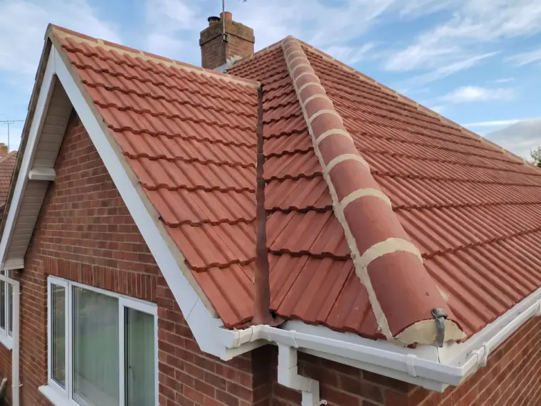 Concrete tiled roof after cleaning — clean red Double Roman tiles
